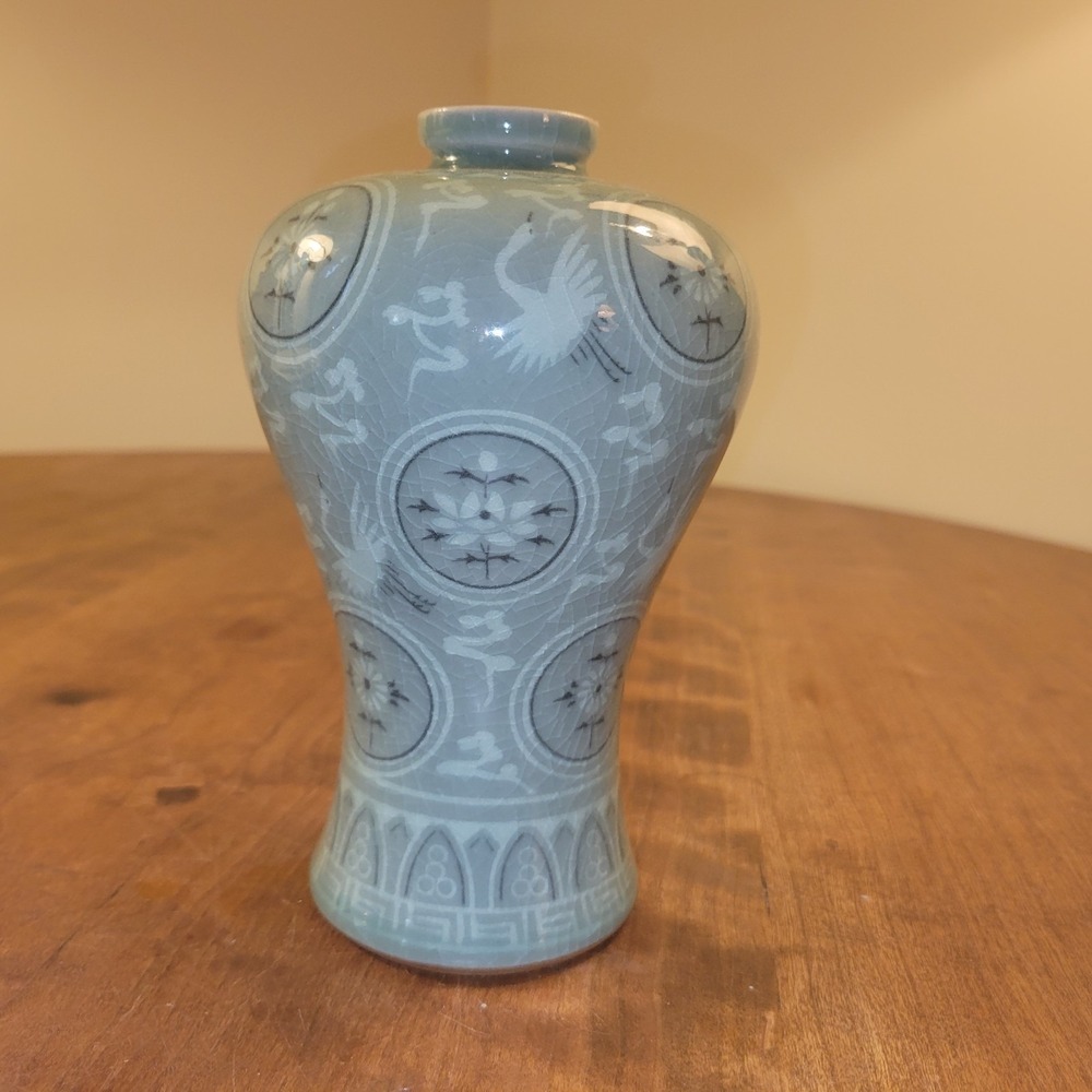 8 Inch Traditional Korean Goryeo Celadon Reproduction Cloud Thousand Crane Vase.